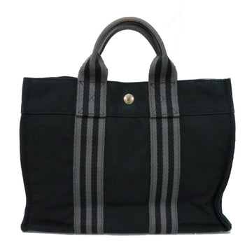 HERMES Tote Bag Fool Toe PM Black Gray Striped Bicolor Handbag Serie Button Cotton Men's Women's