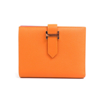 HERMES Bifold Wallet Bearn Compact Leather Orange/Pink Silver Ladies