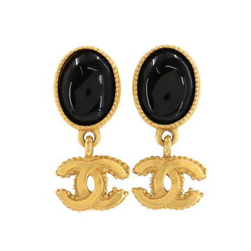 Chanel here mark color stone swing earrings black gold 96A vintage accessories