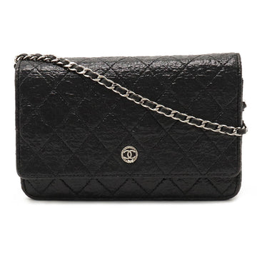CHANEL Matelasse Chain Wallet Shoulder Bag Pochette Coated Tweed Leather Black A68851