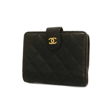 CHANELAuth  Matelasse Bi-fold Wallet Gold Metal Fittings Caviar Leather Black