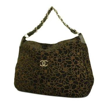 CHANEL Shoulder Bag Camellia Chain Suede Black Silver Hardware Women's