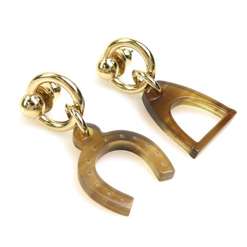 HERMES Earrings Amulet Equestre Buffalo Horn/Metal Brown x Gold Women's