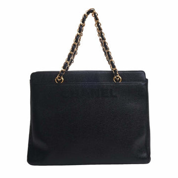 CHANEL Caviar Skin Chain Tote Bag Black Ladies