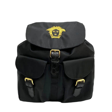 VERSACE Medusa Logo Embroidery Leather Genuine Nylon Rucksack Day Bag Backpack Black