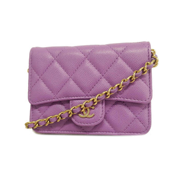 CHANEL Shoulder Wallet Matelasse Chain Caviar Skin Purple Gold Hardware Women's