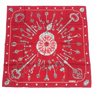 HERMES Scarf Muffler Carre 90 LES CLES Key Pattern Silk Red ROUGE