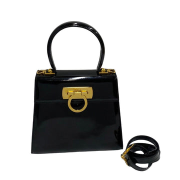 SALVATORE FERRAGAMO Gancini Hardware Patent Leather 2way Handbag Shoulder Bag Black