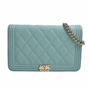 CHANEL Caviar Skin Boy  Coco Mark Chain Shoulder Long Wallet Blue Ladies