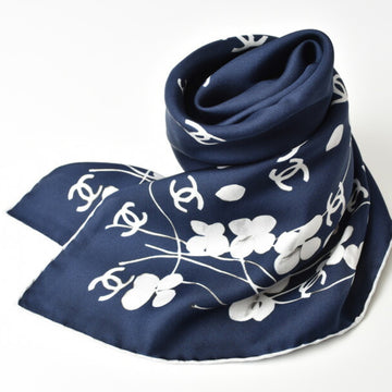 CHANEL scarf  silk twill CC flower motif navy