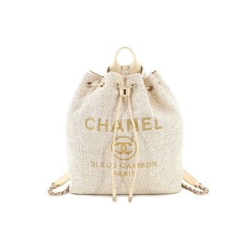 CHANEL Deauville chain backpack rucksack tweed leather ivory gold A93787 drawstring Backpack