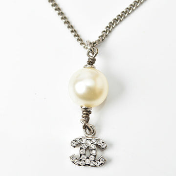 CHANEL necklace pendant  here mark rhinestone pearl motif silver