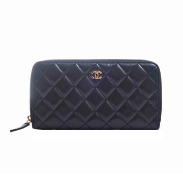 Chanel lambskin matelasse here mark round long wallet black