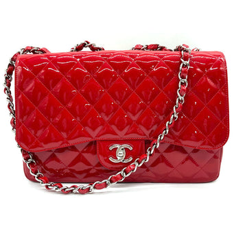 CHANEL Shoulder Bag Matelasse Patent Leather/Metal Red/Silver Women's