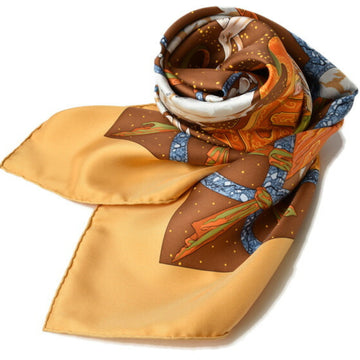 HERMES scarf muffler  Carre 90 silk twill CAVALIERS DES NUAGES sand brown/brown