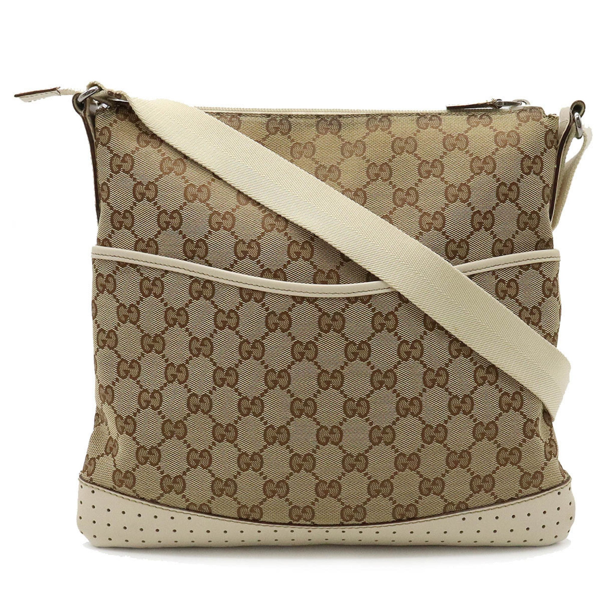 GUCCI GG canvas shoulder bag punching leather khaki beige ivory white