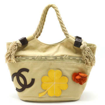 CHANEL Fishnet Rope Coco Mark Tote Bag Handbag Canvas Leather Wood Beige Yellow Orange A21385