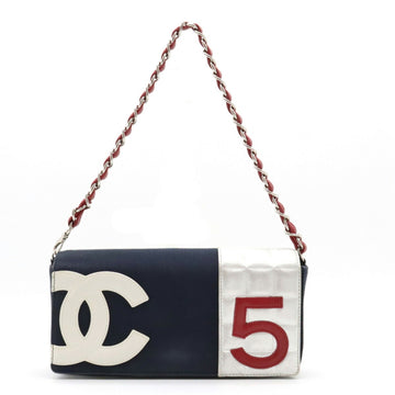 CHANEL Cocomark No.5 Chocolate Bar Shoulder Bag Chain Canvas Leather Navy Red Silver