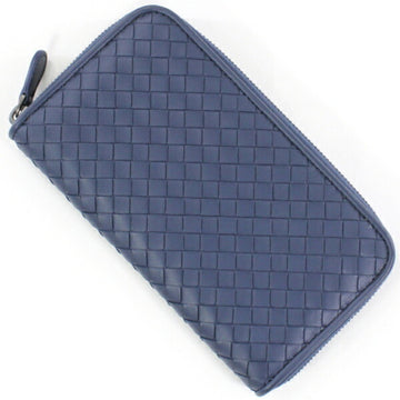 BOTTEGA VENETA Long Wallet Round Navy Leather Nero Intrecciato Zip Around Men Women 518389 V001N 4130