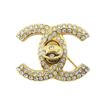 CHANEL Brooch Vintage Coco Mark Turnlock Rhinestone GP Plated Gold 96A Ladies