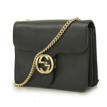 GUCCI Shoulder Bag Interlocking G 510304 Leather Black Gold Hardware Women's