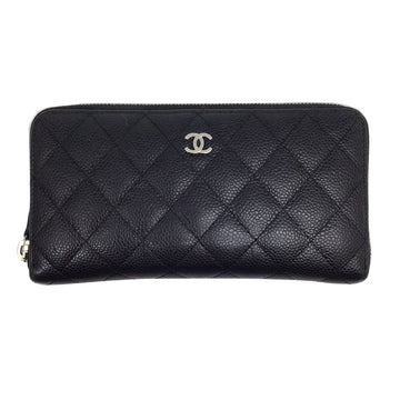 Chanel matelasse round long wallet black small leather goods silver metal fittings caviar skin women's