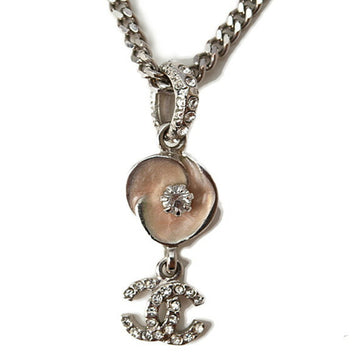 Chanel necklace/pendant CHANEL camellia motif/coco mark/CC rhinestone silver