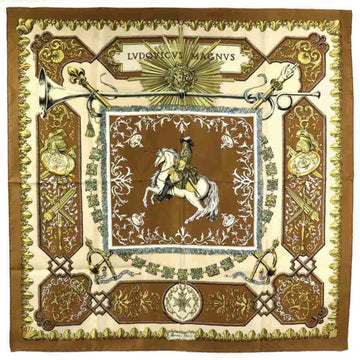 HERMES Scarf LVDOVICVS MAGNVS White Horse Louis XIV Silk Brown Unisex