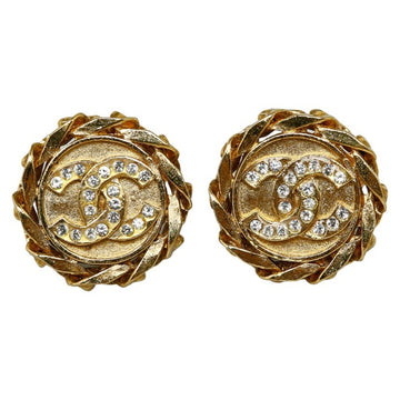 CHANEL Vintage Coco Mark Rhinestone Windmill Earrings Gold Plated Women's