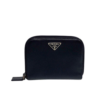 PRADA Triangle Logo Metal Fittings Saffiano Leather Genuine Round Zip Bifold Wallet Card Case Navy