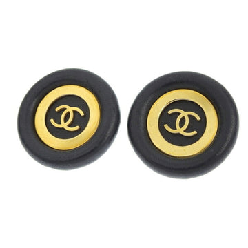 CHANEL Leather Coco Mark Round Earrings Gold/Black Ladies