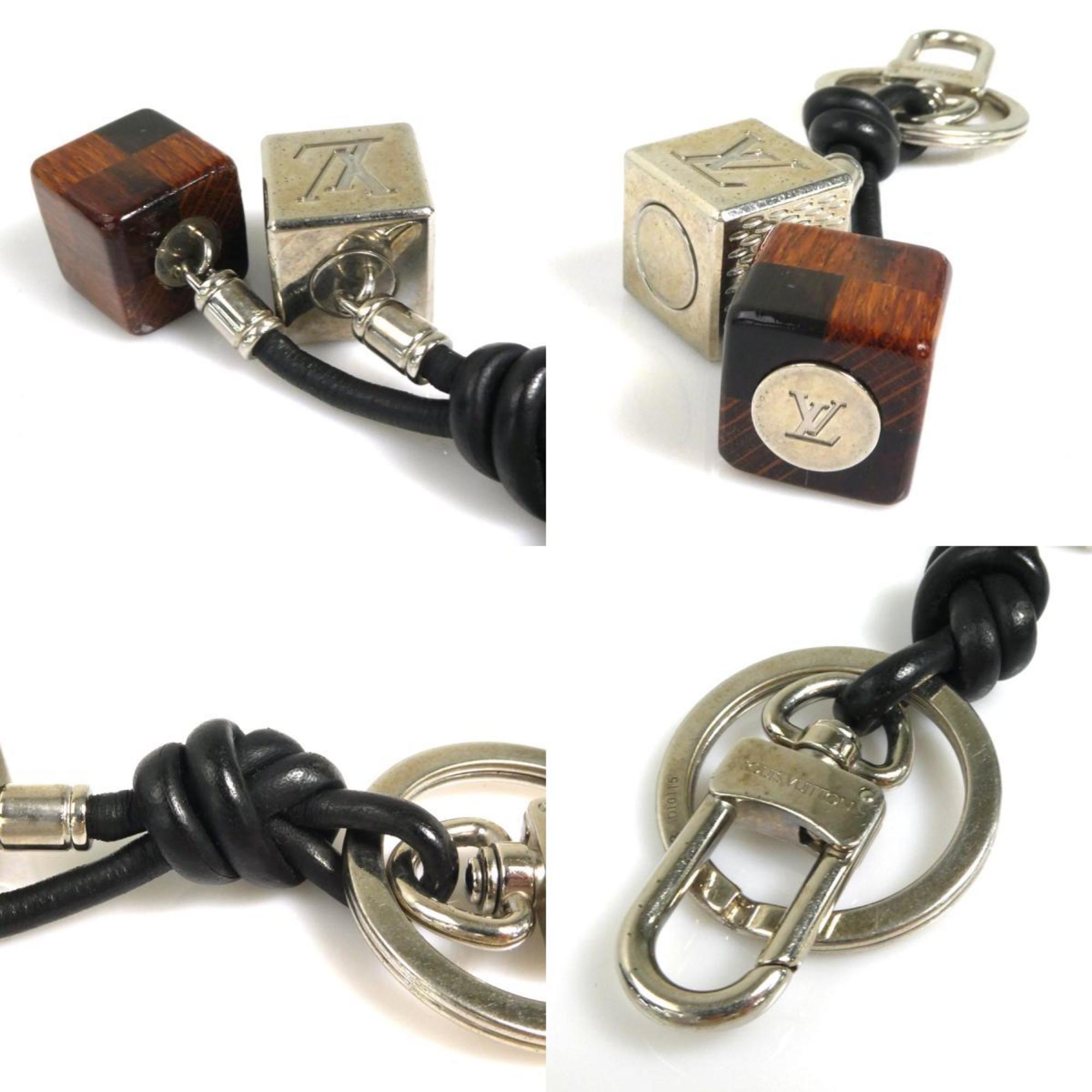 LOUIS VUITTON Charm Key Ring Damier Cube Metal/Wood/Leather Silver/Bro