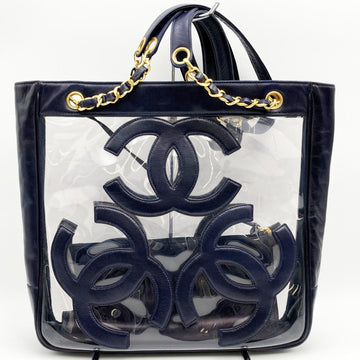 CHANEL Triple Coco Mark Shoulder Bag Chain Navy Leather Ladies Fashion USED
