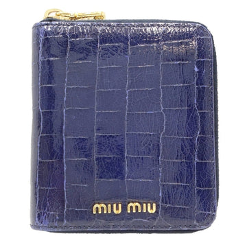 MIU MIU Compact Wallet Round Zipper Embossed Leather Navy 082243