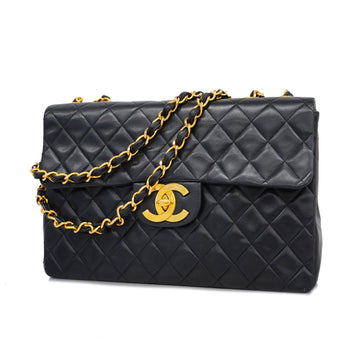 Chanel shoulder bag big matelasse W chain lambskin black gold metal