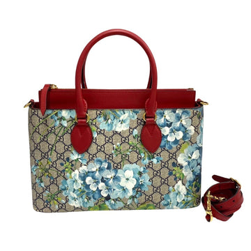 GUCCI GG Blooms Logo Floral Pattern Leather 2way Handbag Tote Bag Shoulder Navy Red