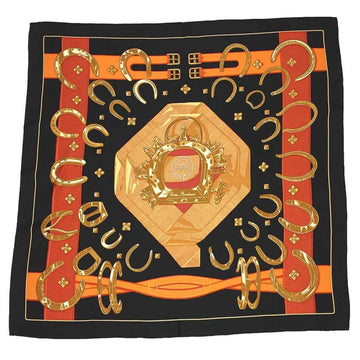 HERMES scarf muffler carre 90 porte bonheur lucky charm black orange horseshoe 100% silk