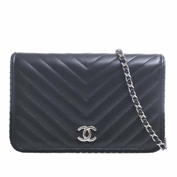 CHANEL Lambskin V Stitch Studded Chain Shoulder Long Wallet Black Ladies