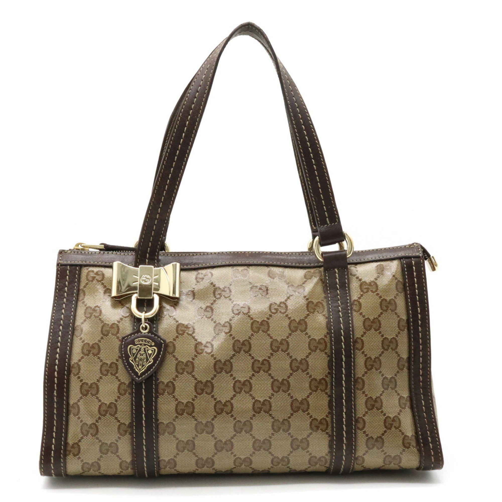 GUCCI GG Crystal Ribbon Motif Tote Bag Handbag Coated Canvas Khaki Bei