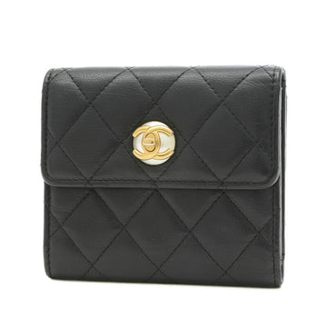 CHANEL Matelasse Trifold Wallet Pearl Leather Black AP0902