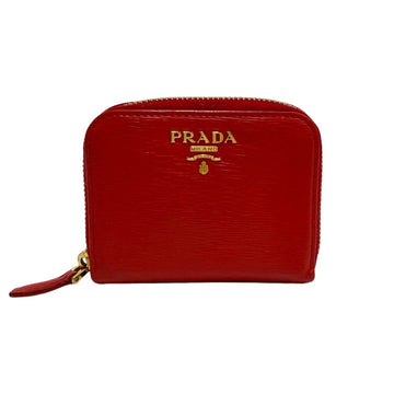 PRADA logo metal fittings leather genuine round zip coin case purse bifold wallet mini red