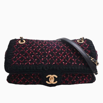 CHANEL Tweed Coco Mark Chain Shoulder Bag Black Red Ladies