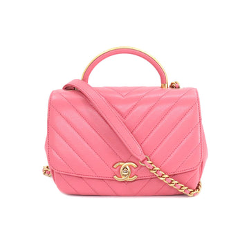 CHANEL Chevron V Stitch Top Handle 2way Hand Shoulder Bag Leather Pink