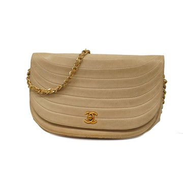 CHANELAuth  Half Moon Chain Shoulder Women's Leather Shoulder Bag Beige