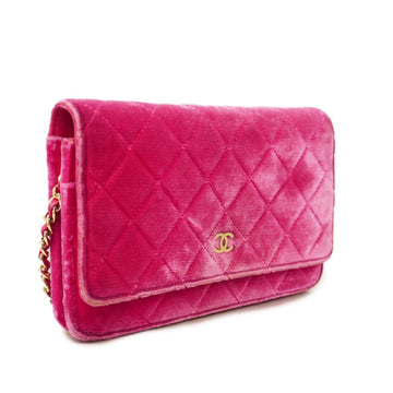 CHANEL Shoulder Wallet Matelasse Chain Velor Pink Gold Hardware Women's