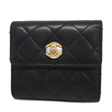 CHANELAuth  Matelasse Tri-fold Wallet Gold Hardware Lambskin Wallet Black