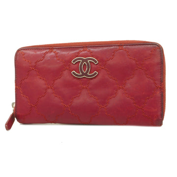 CHANELAuth  Wild Stitch Silver Hardware Leather Long Wallet [tri-fold] Red Color