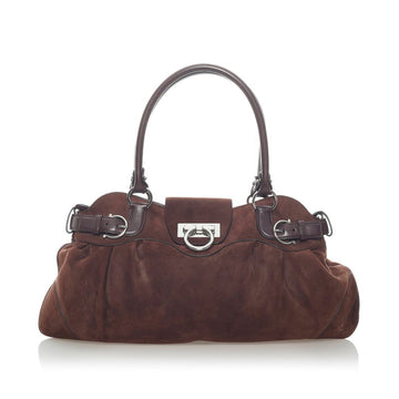 Salvatore Ferragamo Gancini Handbag AU-21 5370 Brown Suede Leather Ladies