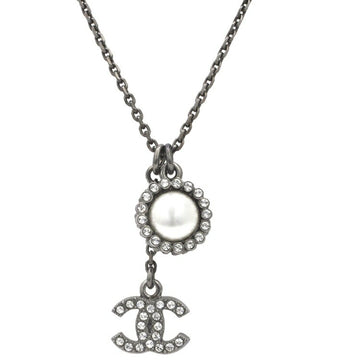 Chanel Long Necklace Black Silver Coco Mark Metal 16 A CHANEL Pearl Rhinestone Stone Women's Pendant France
