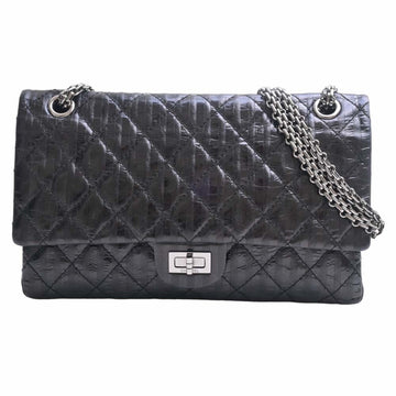 CHANEL Leather 2.55 Matelasse W Flap Chain Shoulder Bag Black Ladies